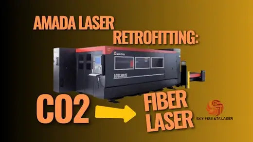 Amada laser machine conversion from CO2 to fiber laser technology, showcasing retrofitting process and technical upgrade.