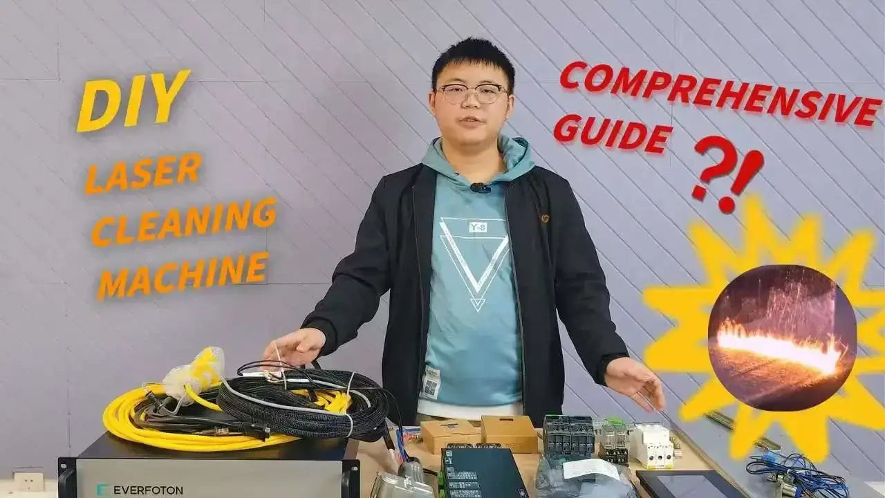 Person demonstrating components for a DIY laser cleaning machine in a comprehensive guide.