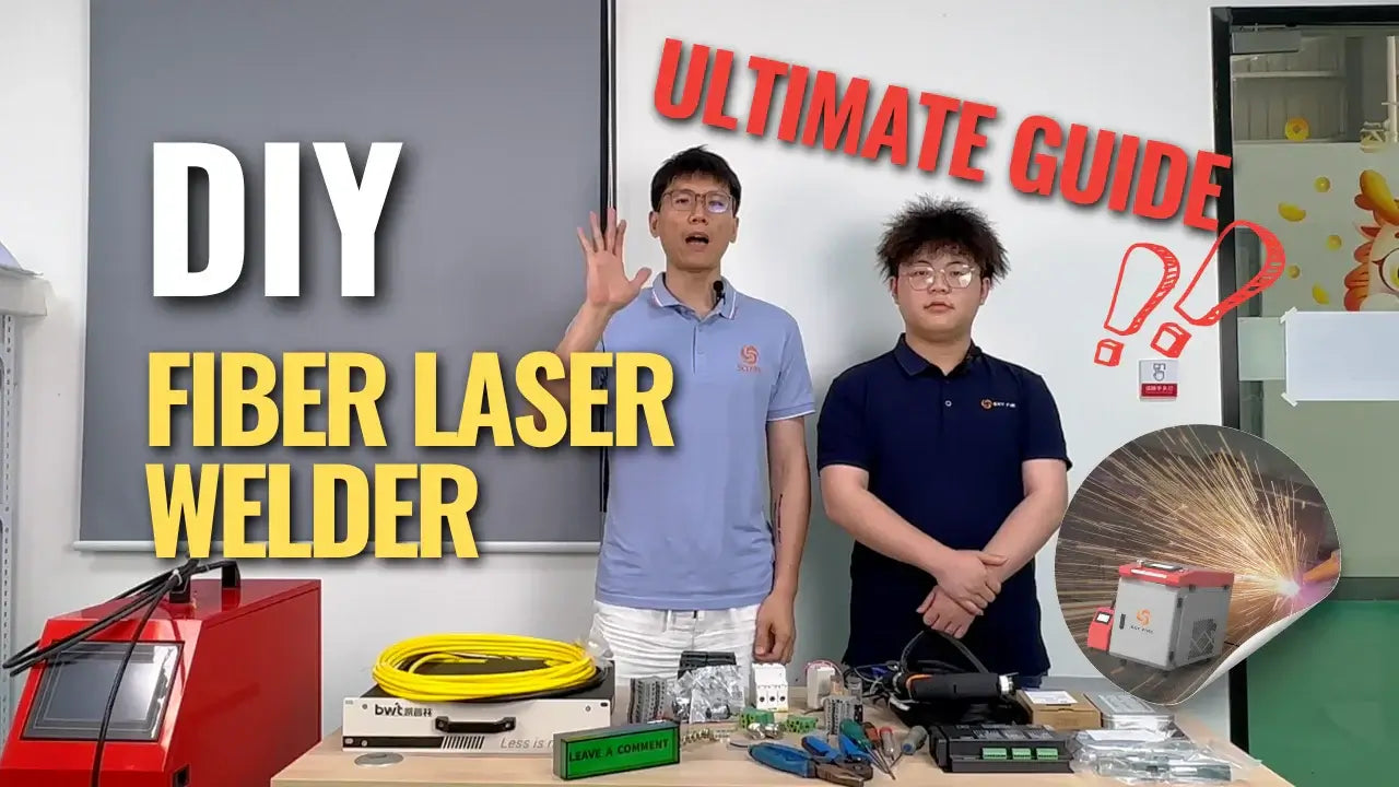 DIY fiber laser welder ultimate guide with two individuals showing welding equipment and essential components.
