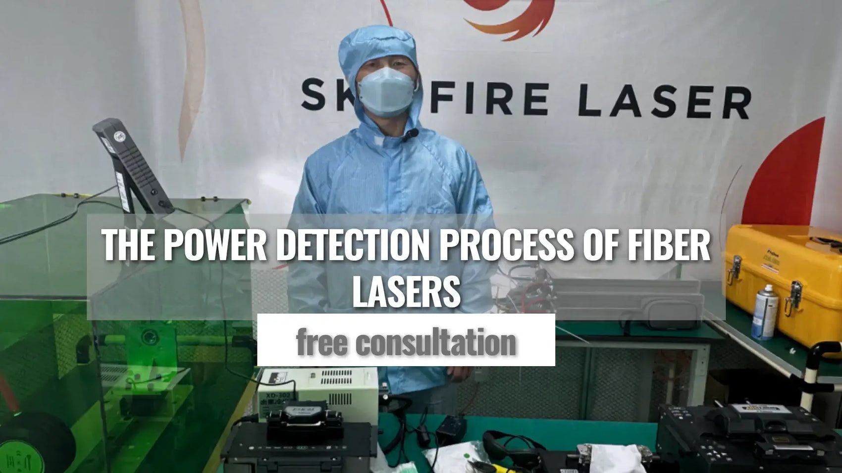 Technician demonstrating power detection process of fiber lasers at Sky Fire Laser lab, offering free consultation.