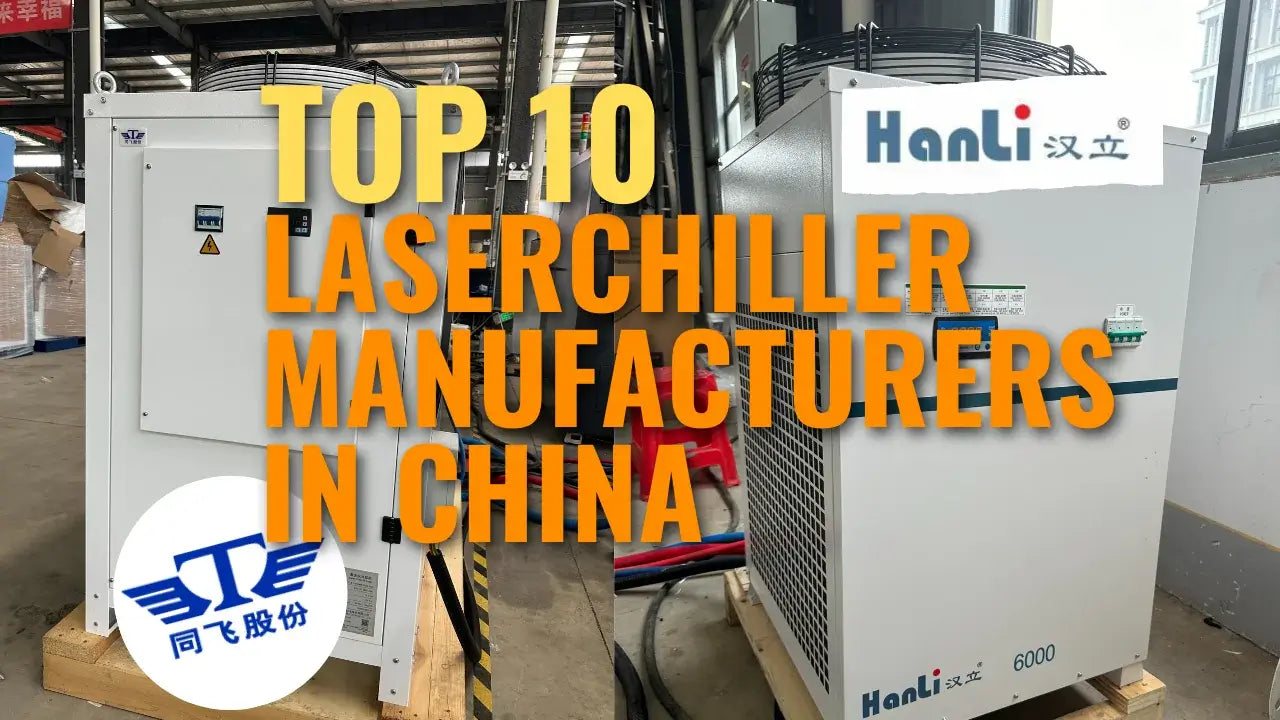 Top 10 laser chiller manufacturers in China with HanLi branded chiller units in a warehouse