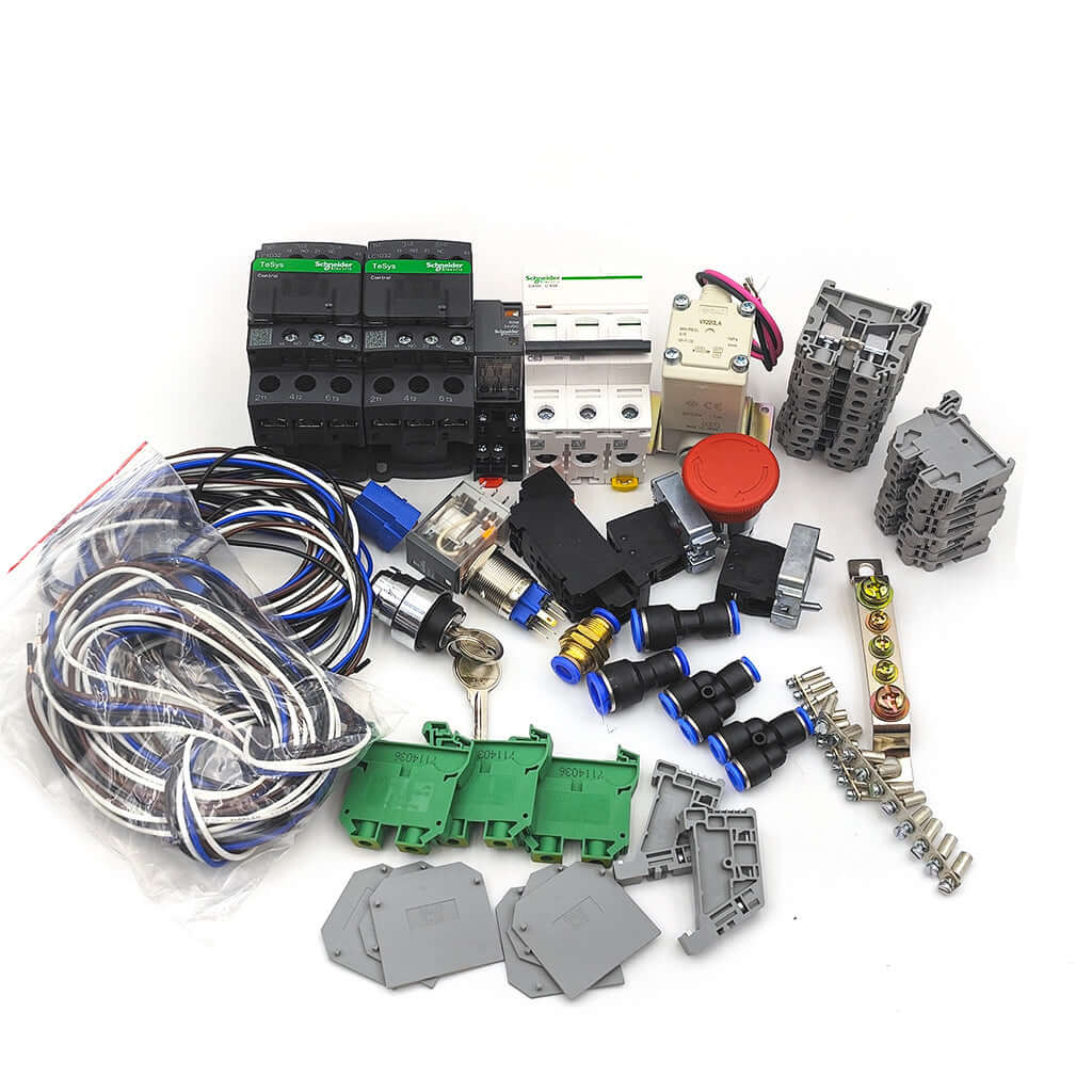 This collection includes essential electrical components for building DIY laser machines such as laser cutters, welders, and cleaners. It features Schneider contactors, circuit breakers, emergency stops, UK terminals, SMC valves, relays, wiring accessorie