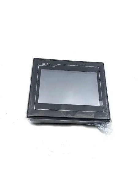 Black GLBC electronic device with touchscreen in protective plastic wrap on a white background.