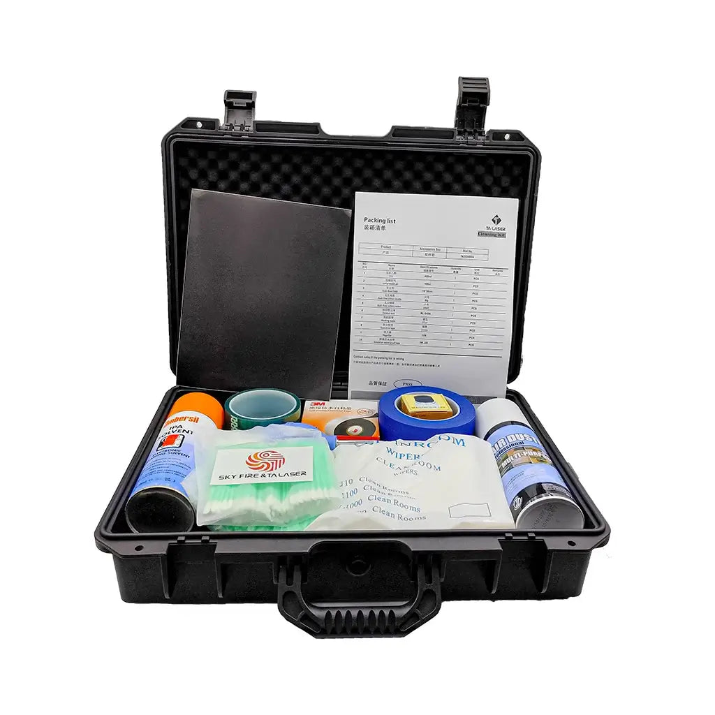 Comprehensive laser cleaning kit for precision equipment maintenance with essential tools in a protective black case.