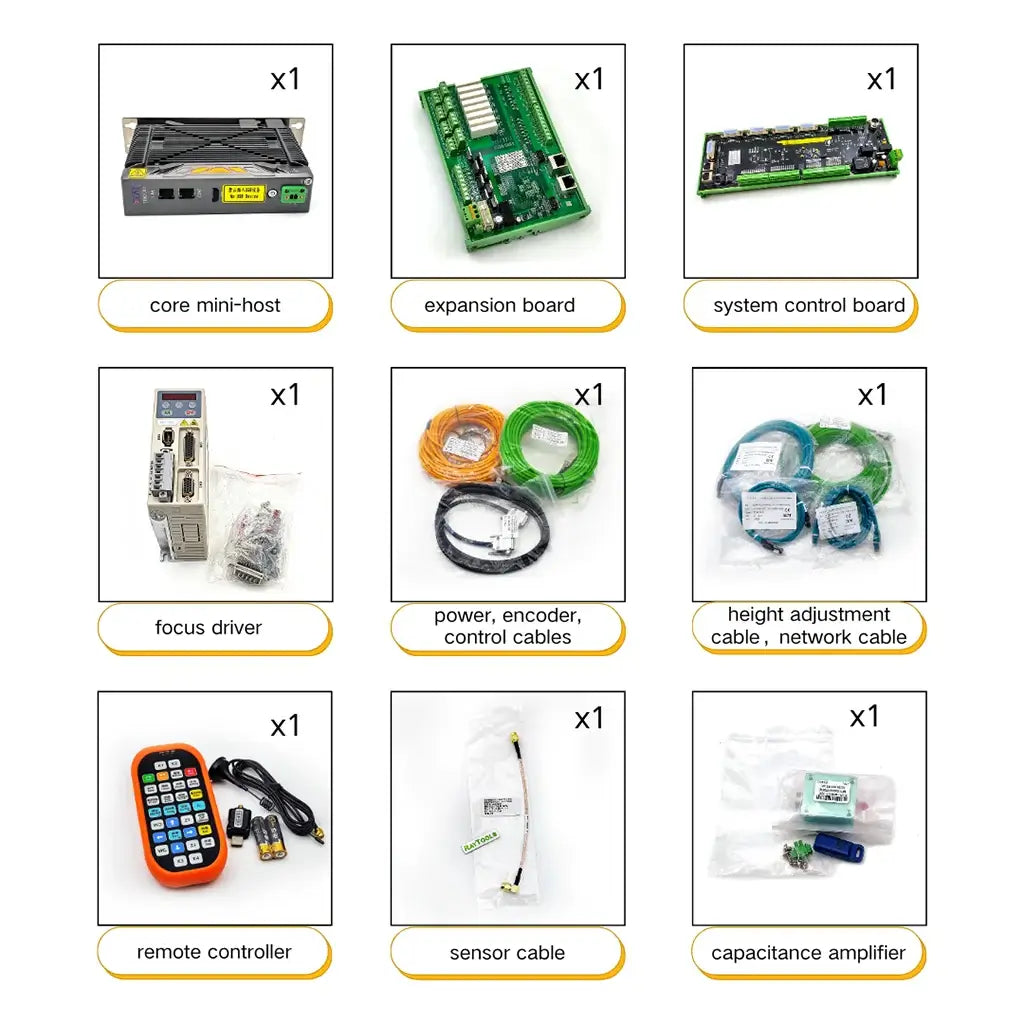 Components of Raytools AX3000T Laser Cutting Control System for Tube & Sheet Machines, including boards, cables, and controller.