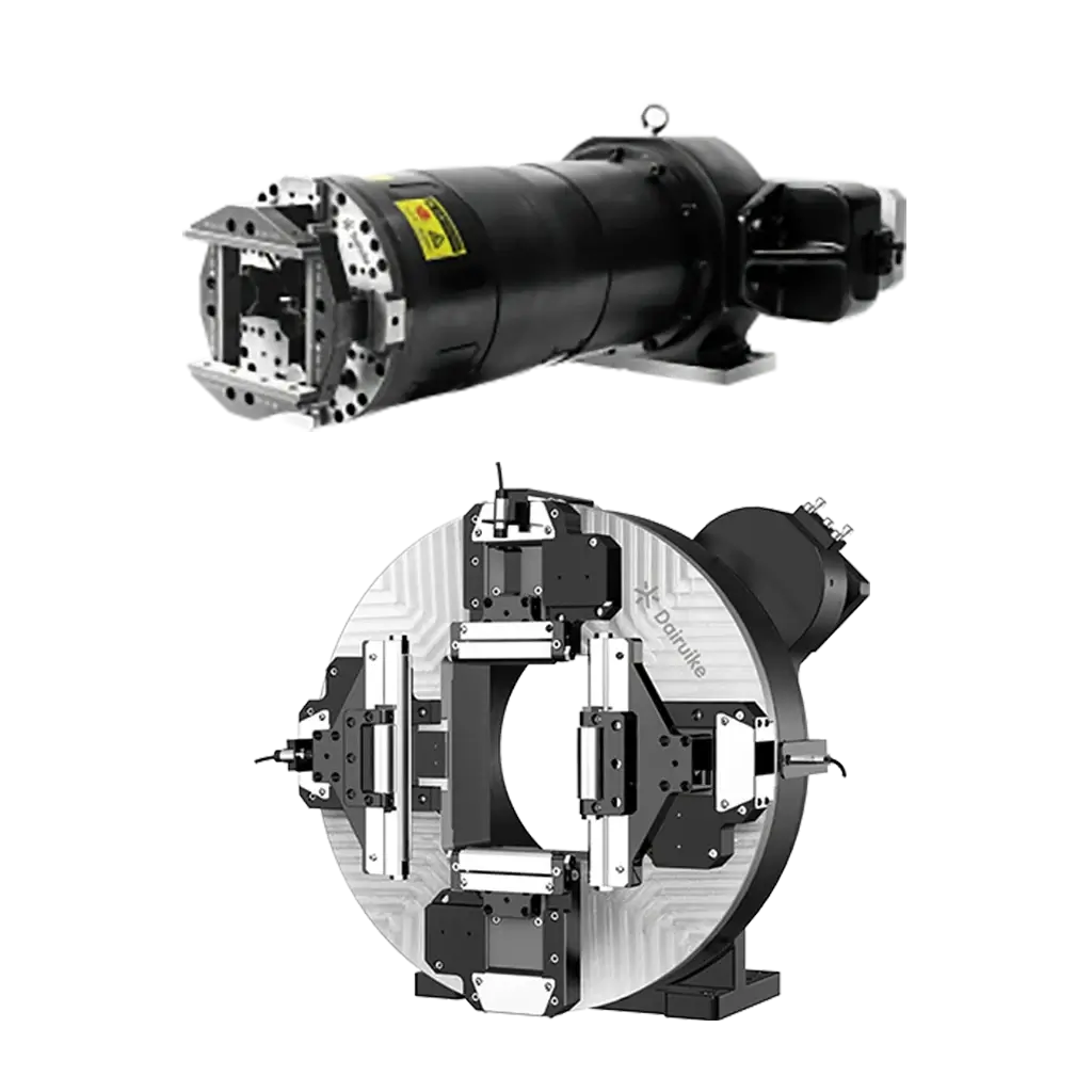 Dairuike pneumatic double-chuck system for laser pipe cutting, featuring high-precision self-centering clamping for various tubes.