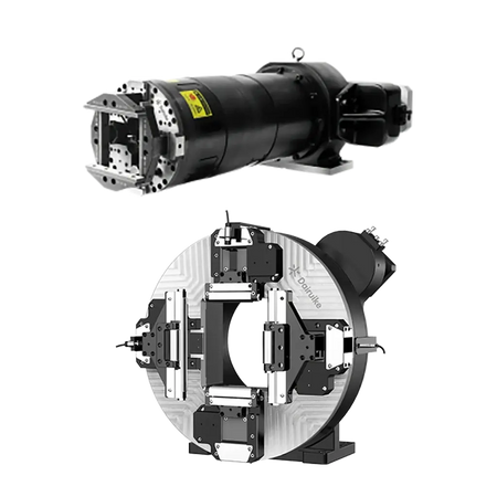 Dairuike pneumatic double-chuck system for laser pipe cutting, featuring high-precision self-centering clamping for various tubes.