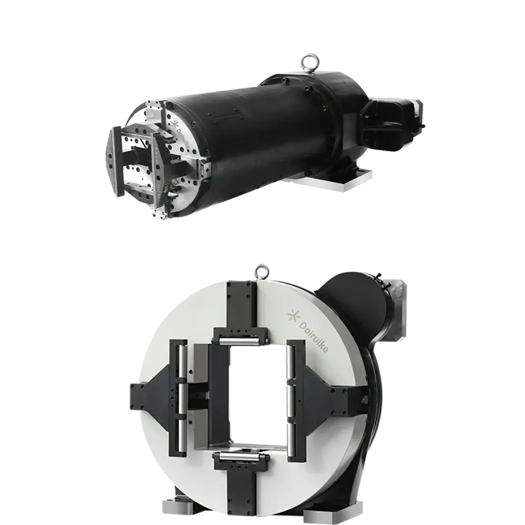 DAIRUIKE Pneumatic Double-Chuck System for Laser Pipe Cutting, featuring high-precision clamps for 8-680mm diameter pipes.