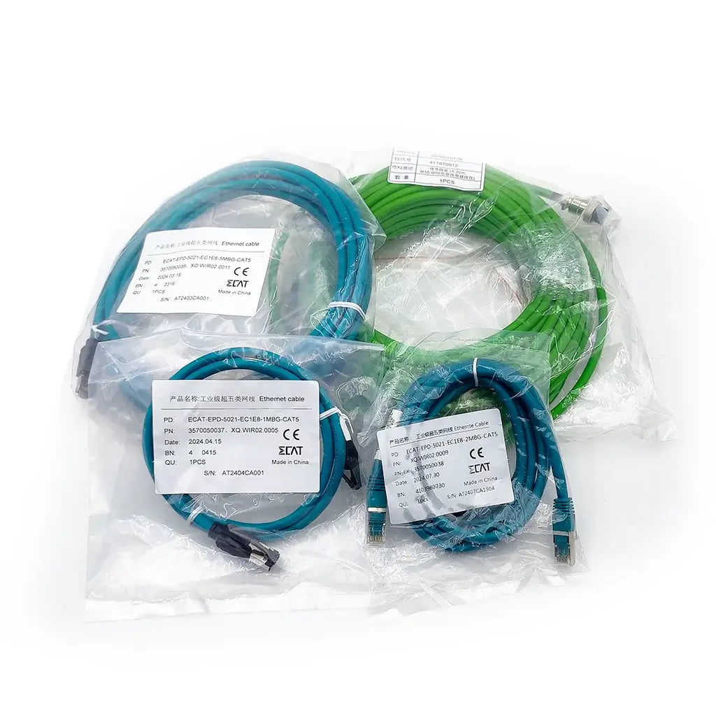 Ethernet cables in blue and green packaging, labeled with CE and EtherCAT certifications, suitable for industrial use.