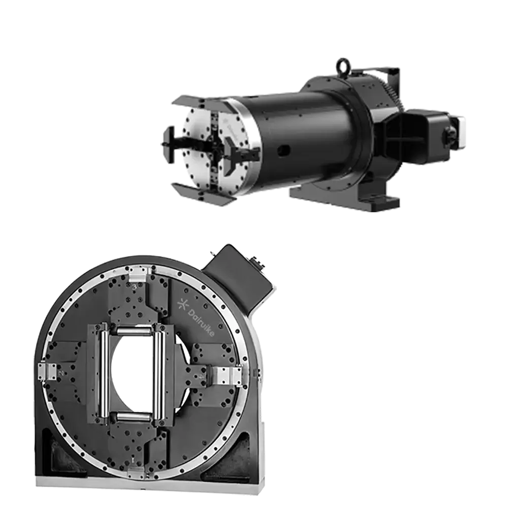 Dairuike pneumatic double-chuck system for laser pipe cutting, showcasing high-precision clamping for 8-680mm diameter tubes.