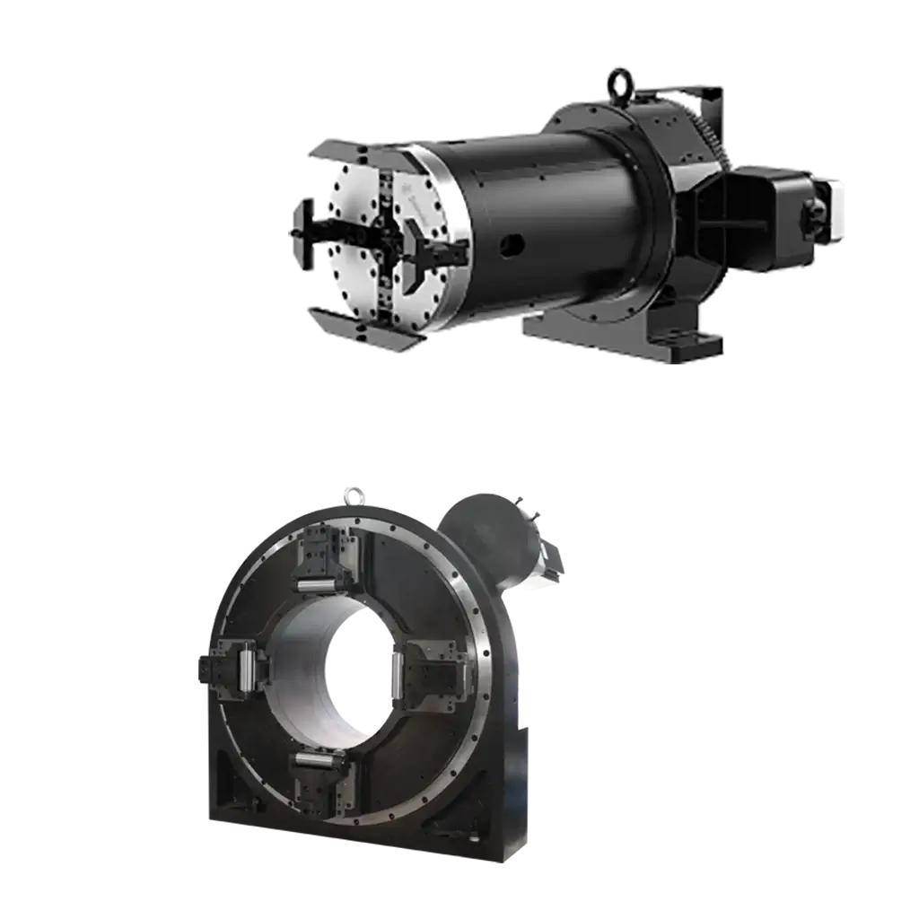 DAIRUIKE pneumatic double-chuck system for laser pipe cutting, clamping range 8-680mm, self-centering chucks for versatile tube cutting.