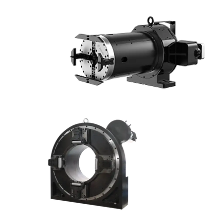 DAIRUIKE pneumatic double-chuck system for laser pipe cutting, clamping range 8-680mm, self-centering chucks for versatile tube cutting.