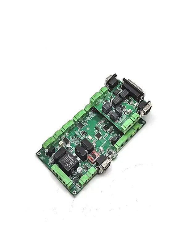 Green circuit board with electronic components, including capacitors, chips, and connectors, on a white background