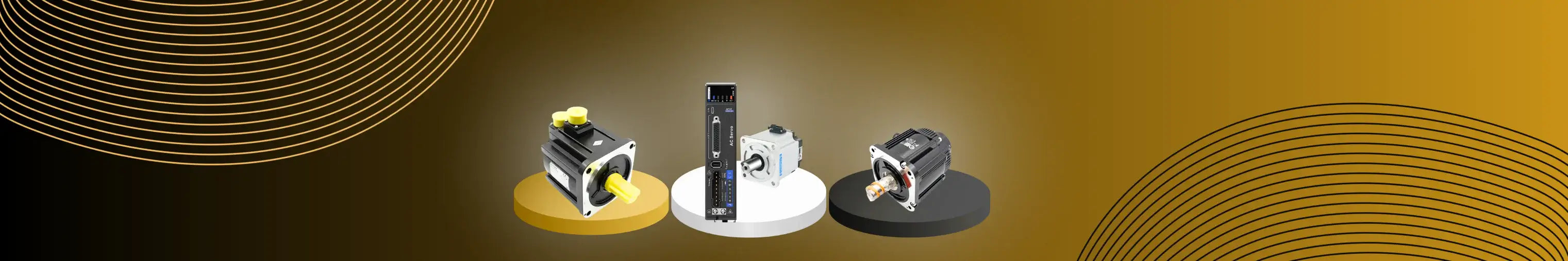 Three stylish cameras displayed on circular stands with a golden gradient background and abstract lines.