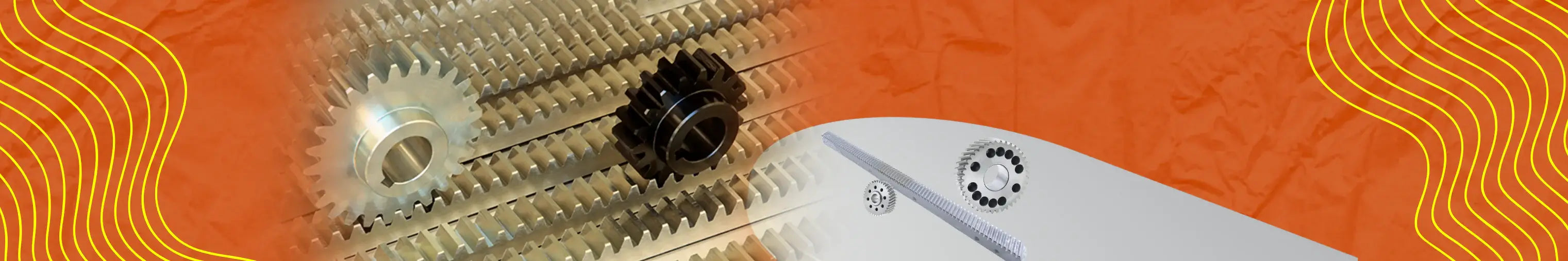 Close-up of metallic gears on a textured orange background, showcasing mechanical components and design elements.