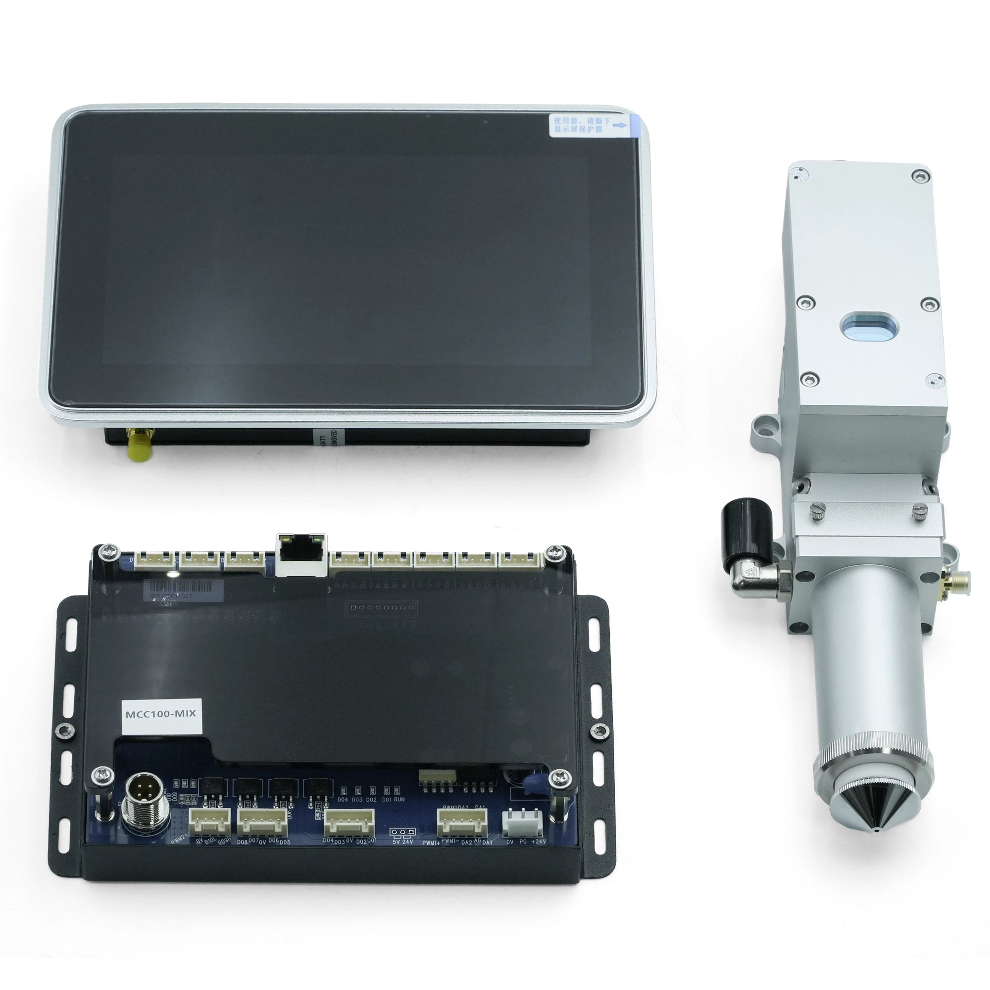Au3tech laser cutting head & system components including touchscreen, control board, and laser head.