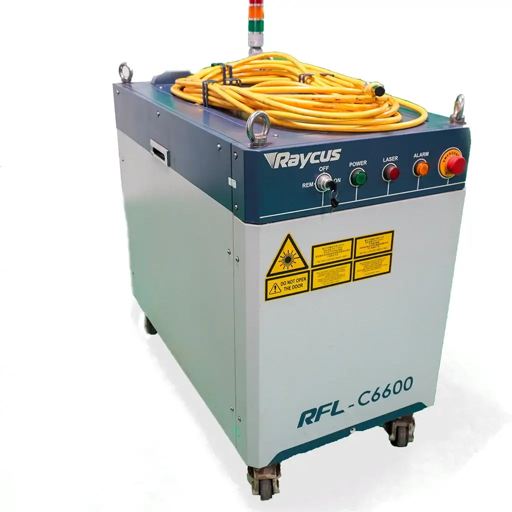 Used Raycus RFL-C6600 Single-Mode fiber laser in excellent condition with yellow cables on top.