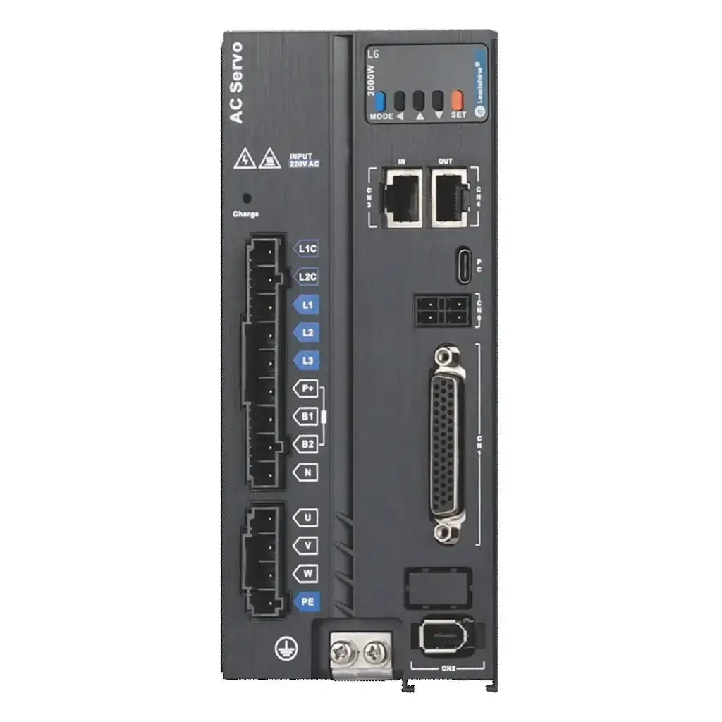 Leadshine L6 Series Servo Drive front panel showing input, output ports, and various buttons for precision control and vibration suppression.