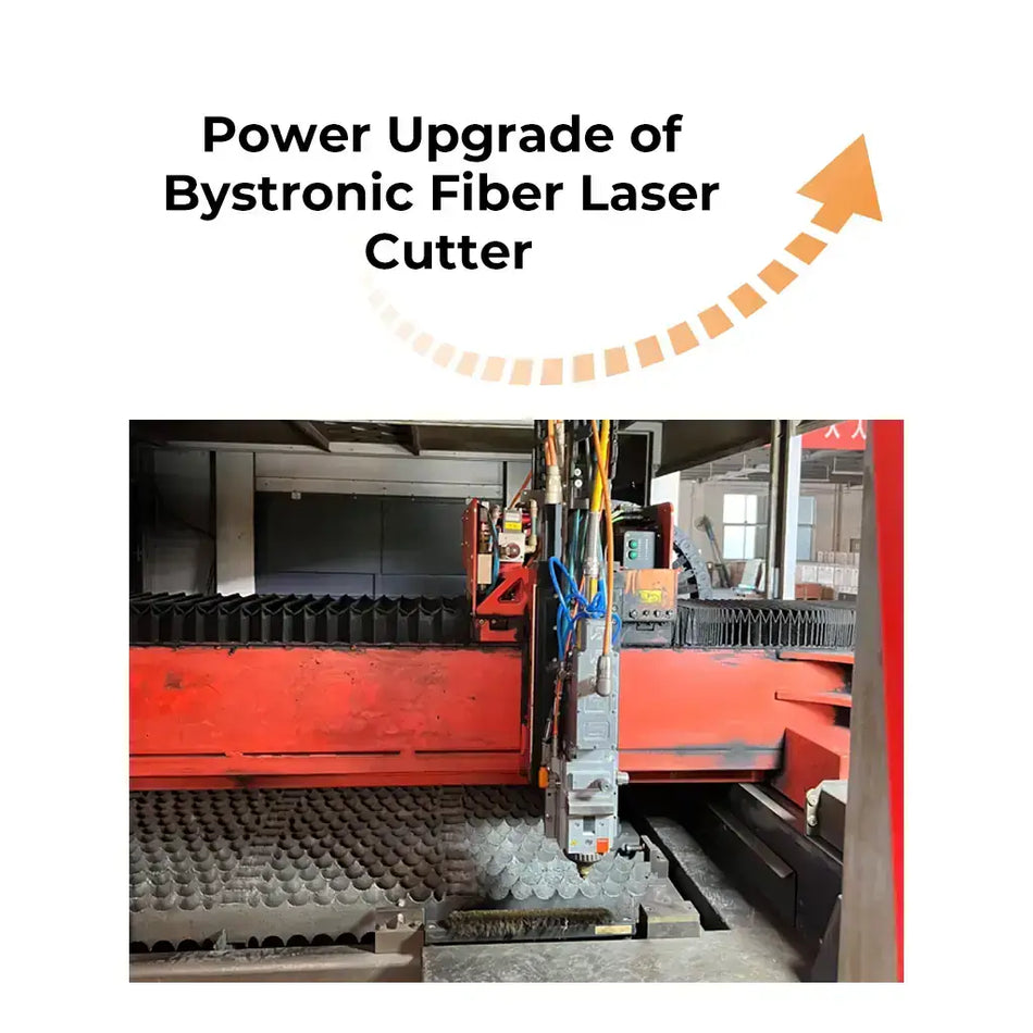 Power upgrade of Bystronic fiber laser cutter by Sky Fire Laser for enhanced cutting efficiency and equipment lifespan extension.