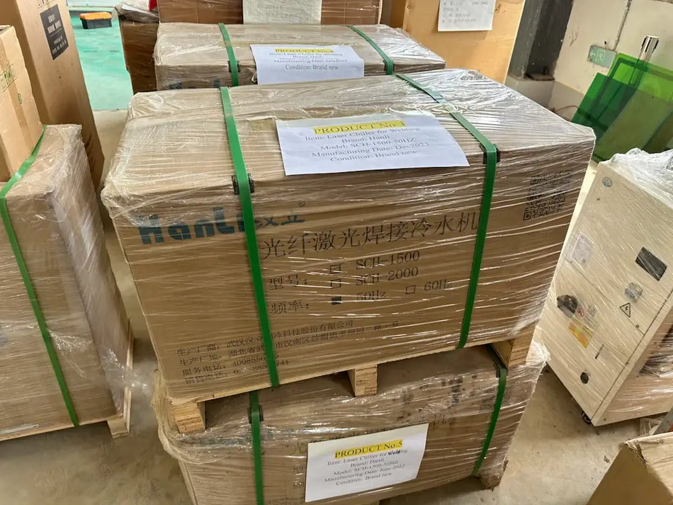 Brand new Hanli SCH-1500-50HZ Laser Chiller for Welding, packaged and ready for shipment in December 2023 and June 2022.