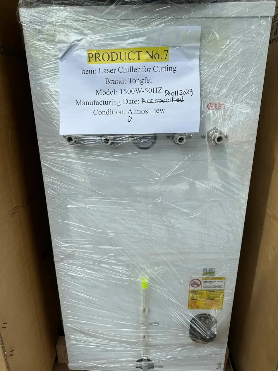 Tongfei Laser Chiller 1500W-50HZ wrapped and labeled as Product No.7, almost new condition for cutting applications.