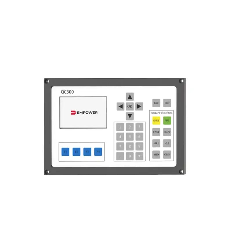 Raytools Capacitive Height Controller QC300 V2.0 front panel with buttons and display screen for laser cutting applications
