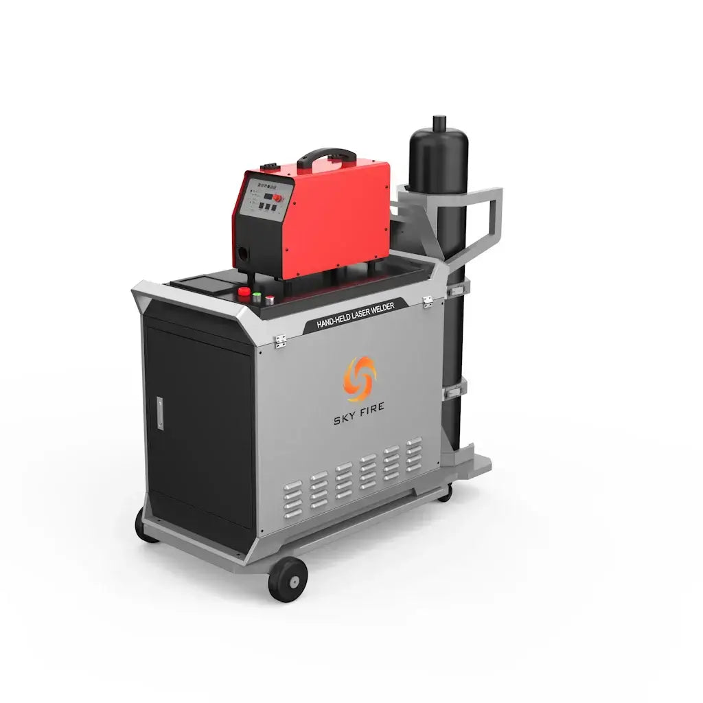 SF-Mobile WeldStar Laser Welding Machine with red and black components designed for precision welding on wheels.