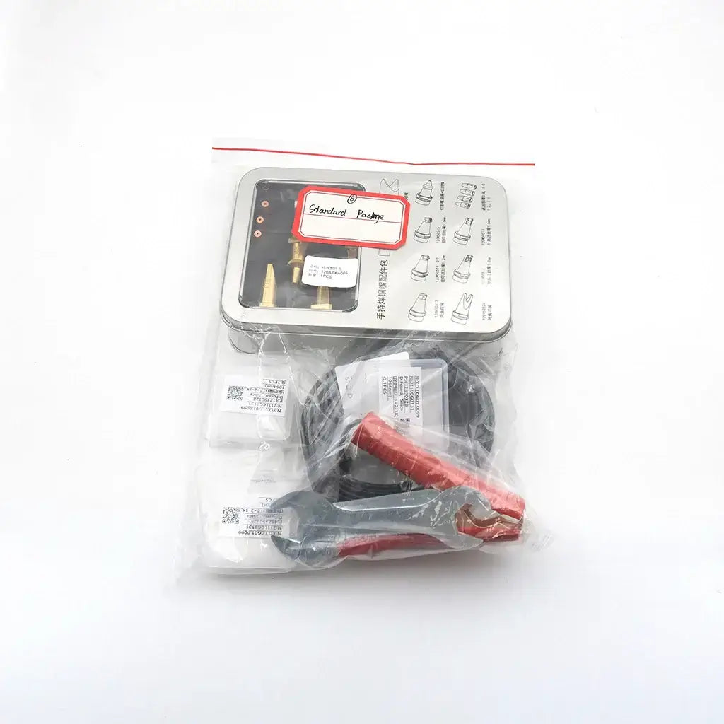 Standard welding package with various tools and accessories in a clear plastic bag.