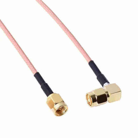 Coaxial cable with gold-plated right-angle connectors for high-frequency signal transmission.