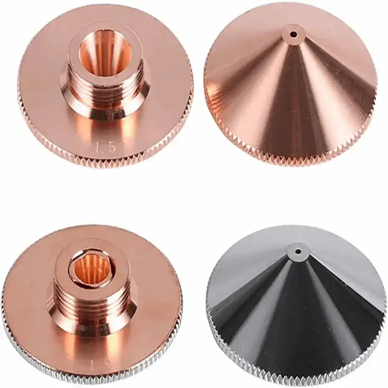 Copper and metallic laser cutting nozzles for BLT310 cutting head showing threaded and conical designs.