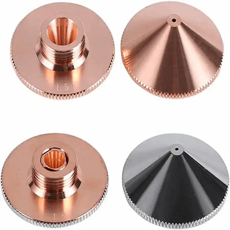 Copper and metallic laser cutting nozzles for BLT310 cutting head showing threaded and conical designs.