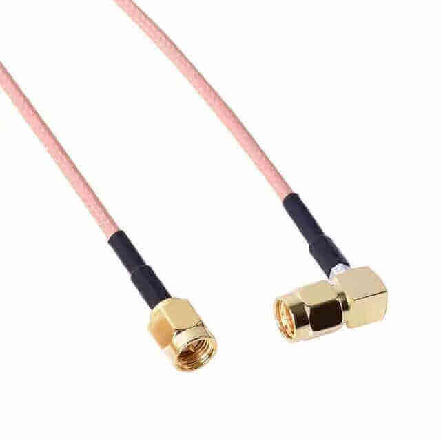 Two RF coaxial cables with angled gold-plated connectors.