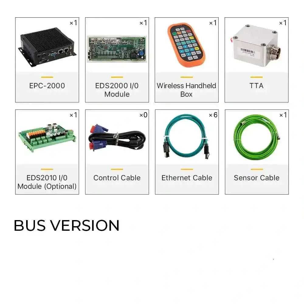 Components of Raytools XC4000 T2 Controller Bus Version including EPC-2000, EDS2000 I/O Module, Ethernet cable, and more