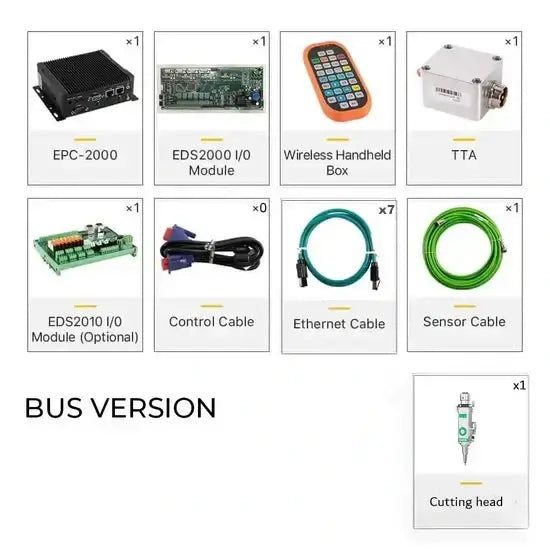 Components of Raytools XC4000 T2 Controller for laser tube cutting including EPC-2000, EDS2000 I/O Module, cables, TTA, and Cutting Head