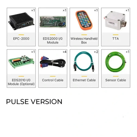 Components of Raytools XC4000 T2 Controller Pulse Version including EPC-2000, EDS2000, EDS2010 I/O Modules, cables, Wireless Handheld Box, and TTA.