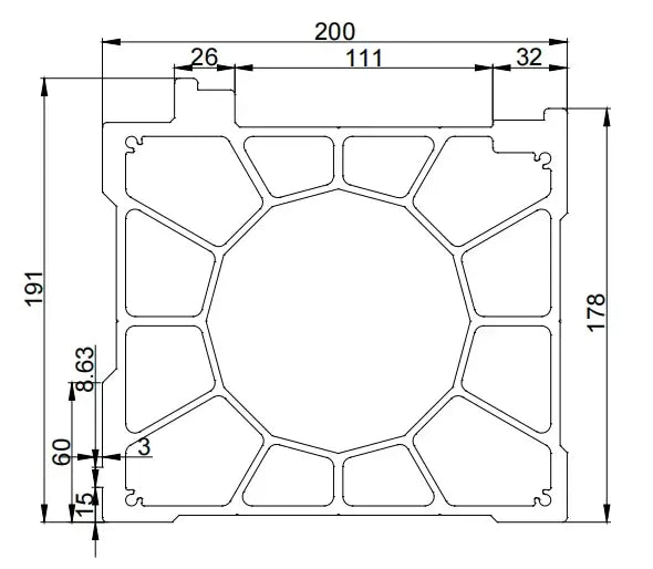 Aluminum Gantry Crossbeam for Fiber Laser Cutting Machines dimensions with detailed measurements.