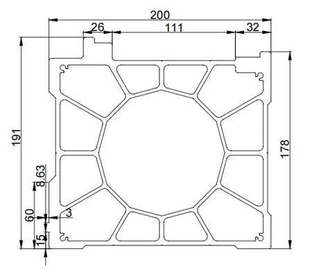 Aluminum Gantry Crossbeam for Fiber Laser Cutting Machines dimensions with detailed measurements.