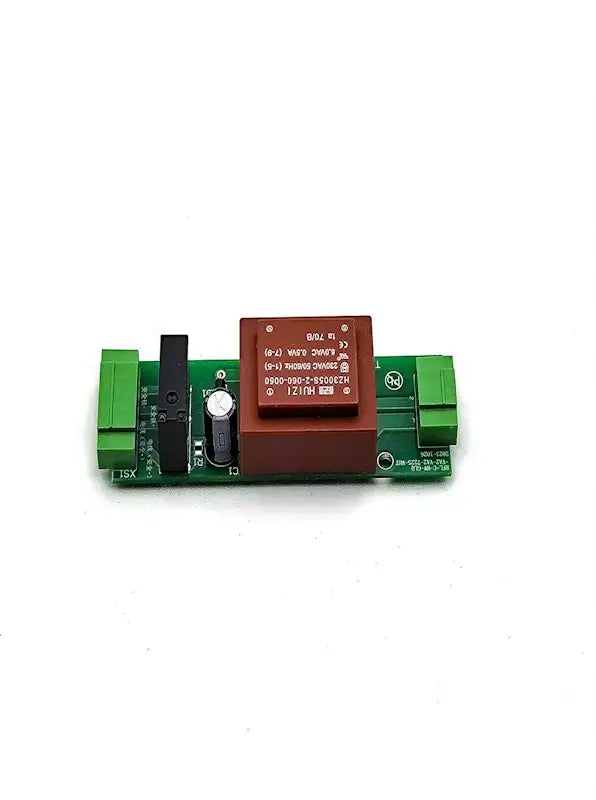 Circuit board with green connectors and a brown component on a white background.