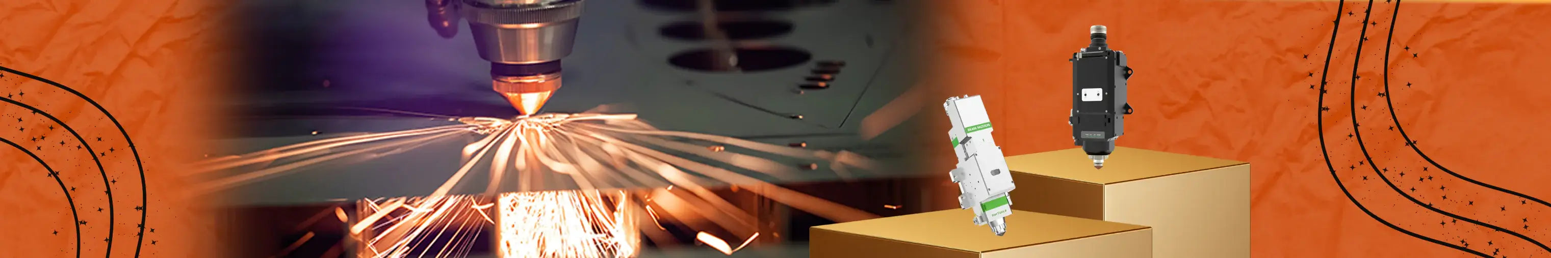 Industrial machinery with laser cutting, electrical components, and product packaging on an orange background.