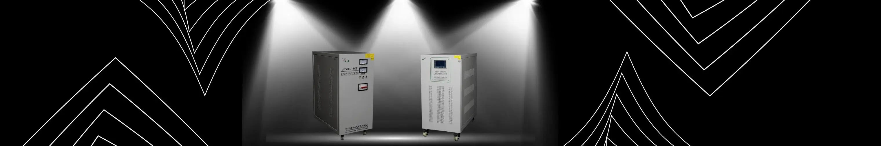 Modern electrical equipment showcased under dramatic lighting, featuring two sleek, metallic enclosures for technology applications.