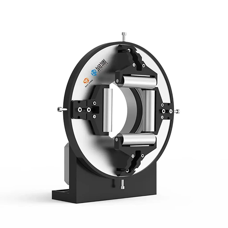 Chuck system for DIY laser tube cutting, co-developed by Runyuan and Sky Fire Laser, featuring a manual front and pneumatic rear chuck.