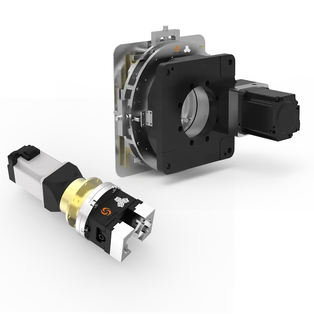 Sky Fire x Travis Mitchell manual chuck for DIY laser tube cutting, 10-120mm diameter, shown with adjustable ends and stable transmission.