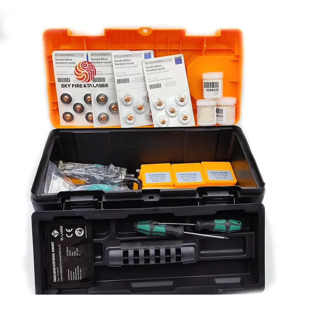 Consumables package for Trumpf CO2 to fiber laser retrofit in black and orange toolbox, with tools and accessories displayed.