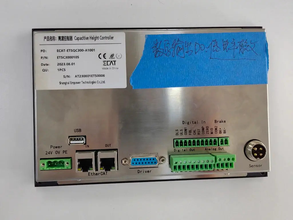 Rear view of Raytools QC300 V2.0 capacitive height controller showing ports and connections
