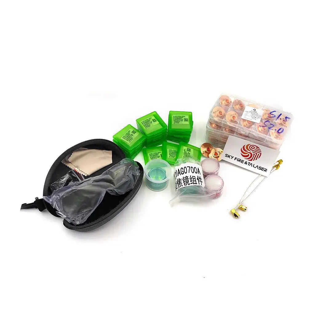 Consumables package for CO2 to fiber laser cutting retrofit, including protective eyewear, lenses, and accessories.