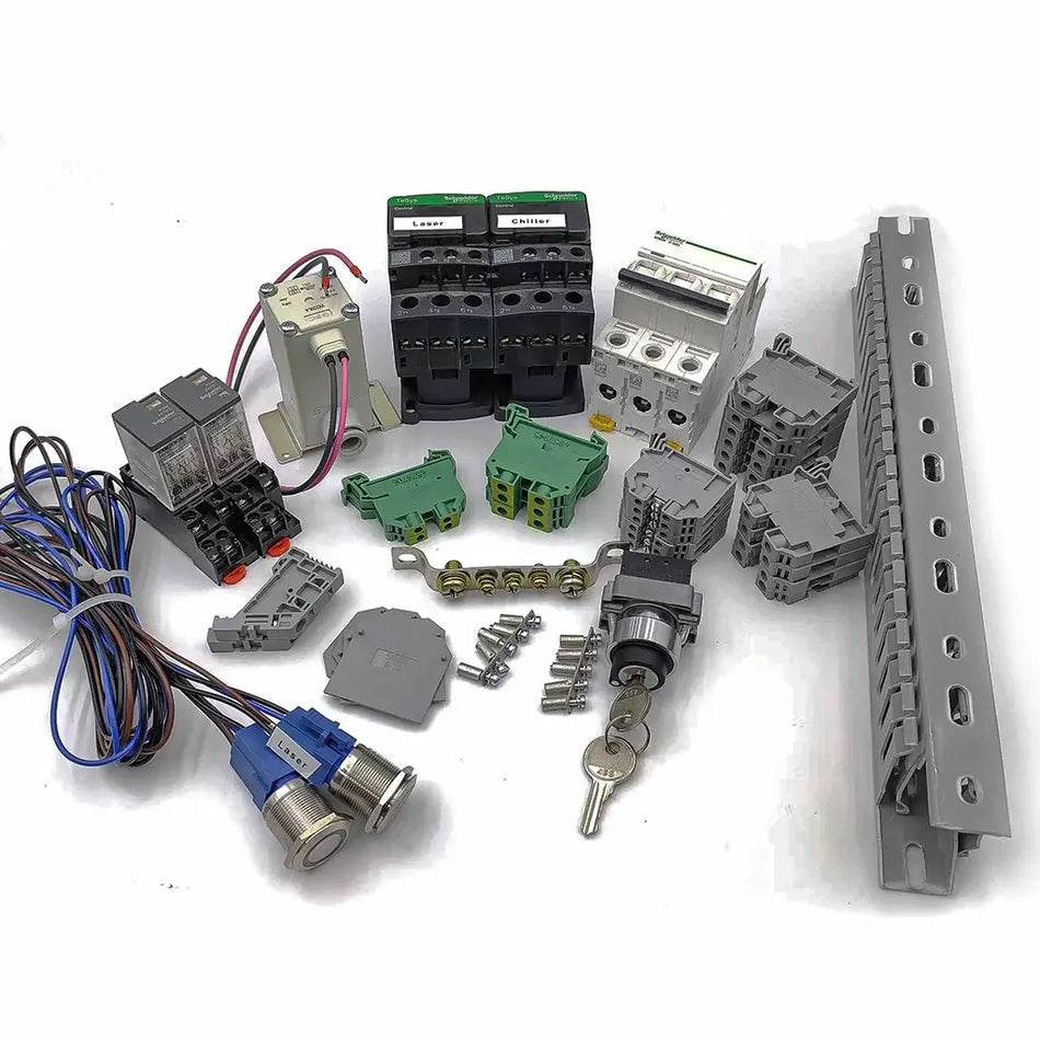 Electrical components for DIY fiber laser cleaning, including relays, circuit breakers, key switches, and wiring.