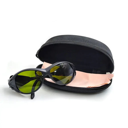 Premium Laser Safety Goggles with 190-420nm and 850-1300nm protection, VLT 28%, displayed next to a black case with cleaning cloth.