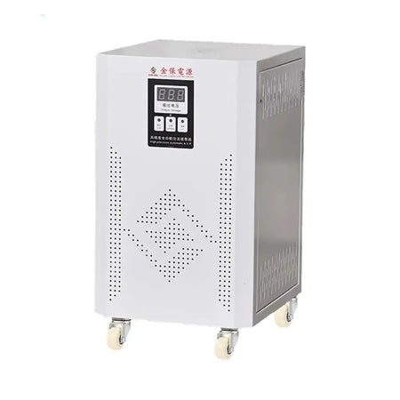 Image of the KINGBAO KPD Series High-Precision Automatic AC Voltage Stabilizer, featuring a compact design with a digital display panel and wheels for mobility.