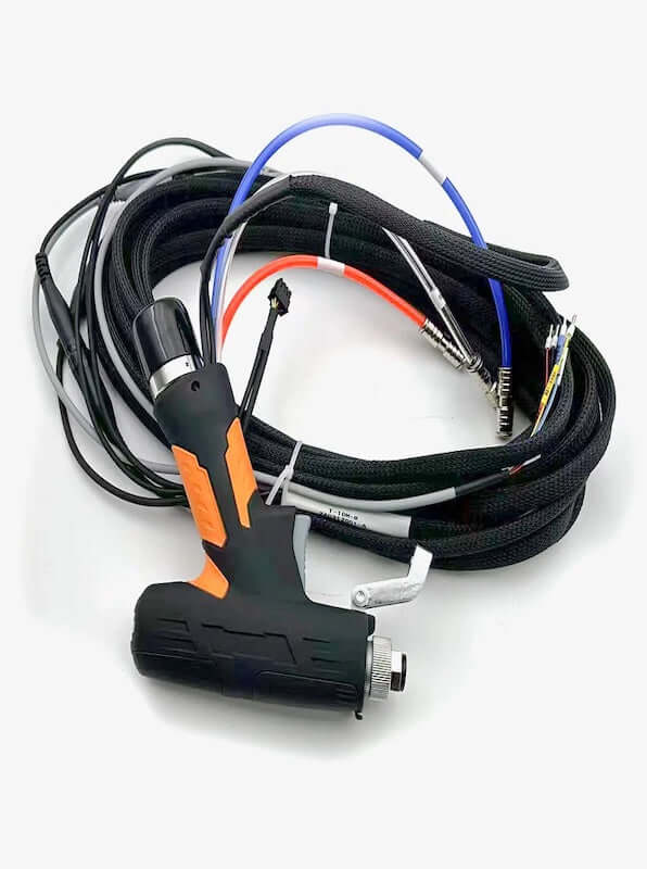 SUP21T 4-in-1 laser welding system handheld component with cables for welding, cleaning, and cutting.